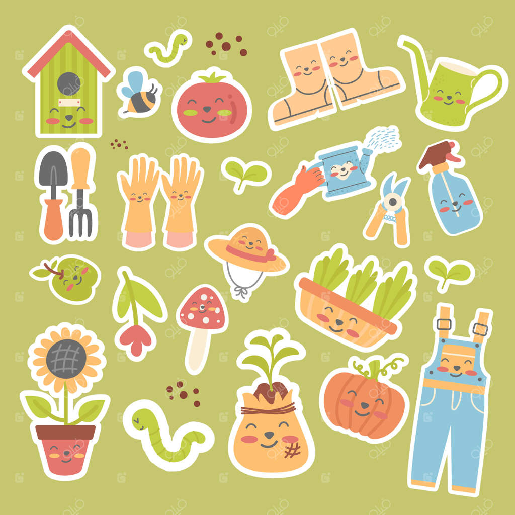 مجموعه برچسب‌های بامزه و کارتونی برای طراحی‌های فلت باغ