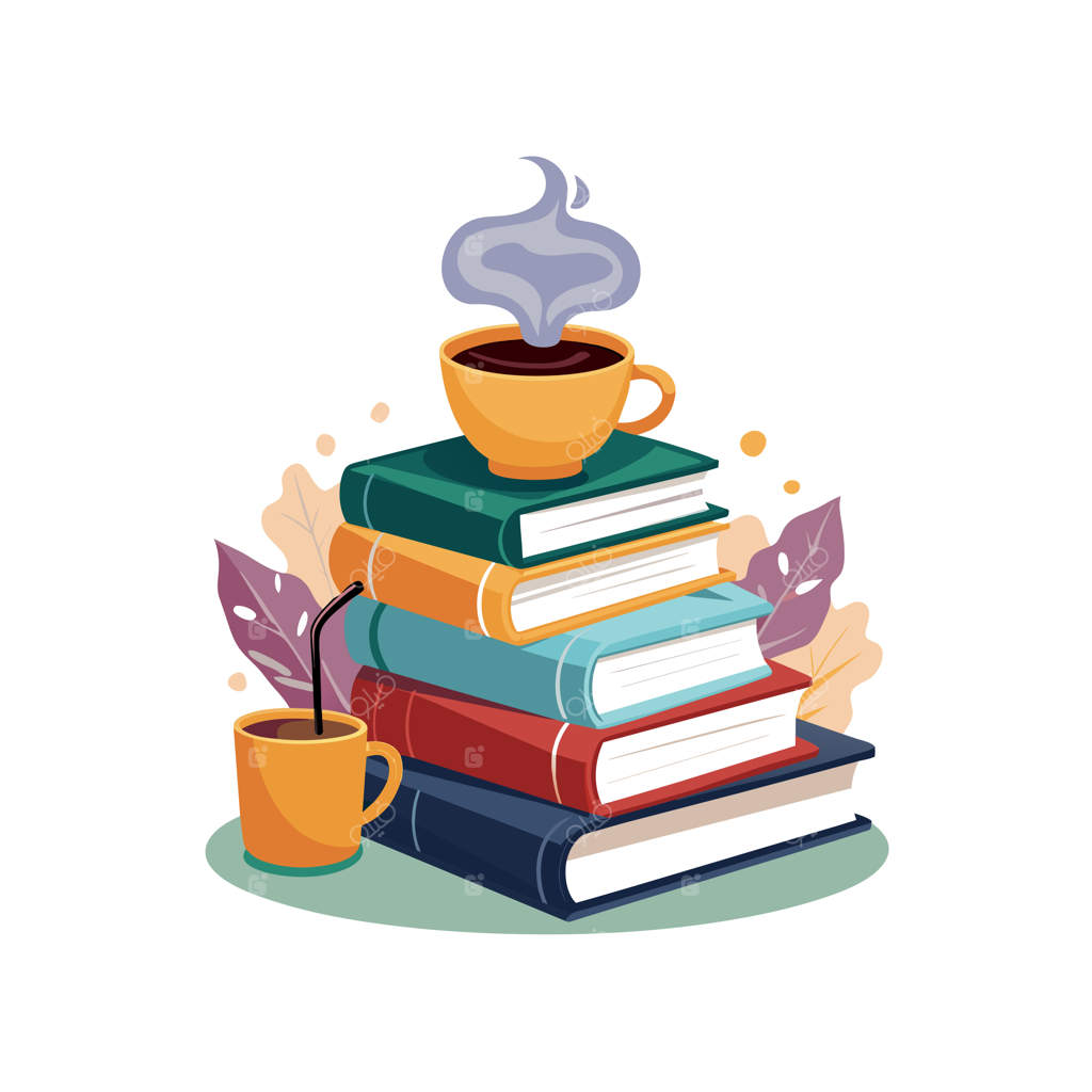 یک دسته کتاب با یک فنجان قهوه روی آنها