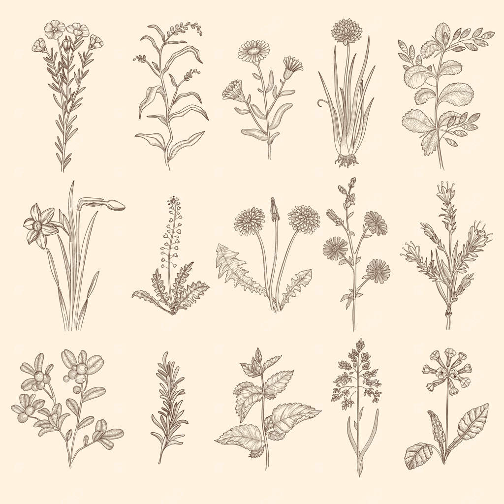 طرح گیاهان دارویی: مجموعه‌ای از گیاهان طبیعی با گل و برگ برای درمان گیاهی.
