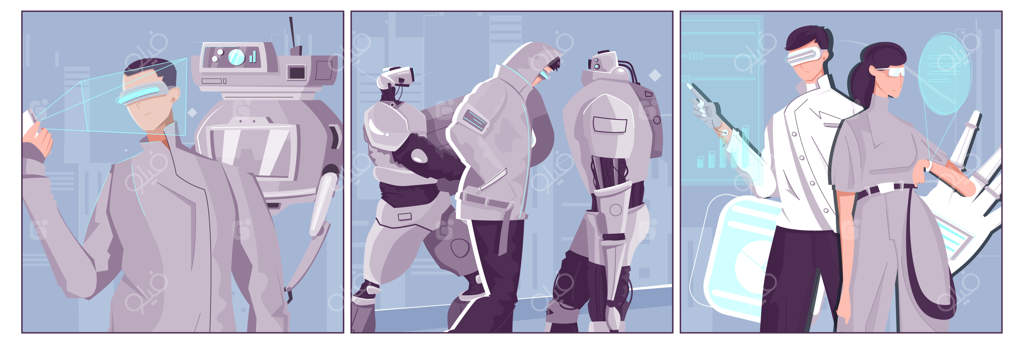 فناوری‌های آینده: تصویرسازی‌های منحصربه‌فرد از افراد در حال استفاده از لوازم واقعیت مجازی و پهپادهای مجهز به دوربین ویدئویی