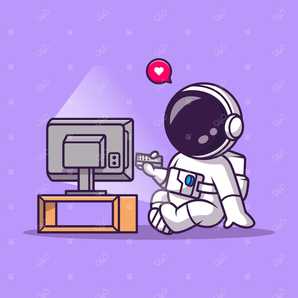 آیکون وکتور فضانورد بانمک در حال تماشای کارتون تلویزیونی. نماد علم و فناوری مجزا و تخت