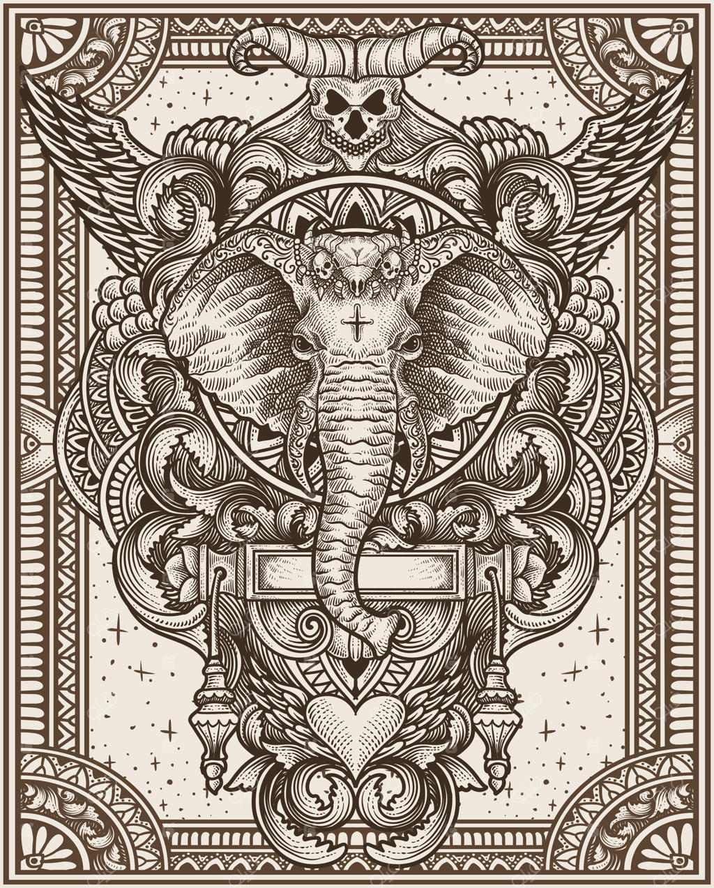 تصویر سر فیل با طرح حکاکی قدیمی