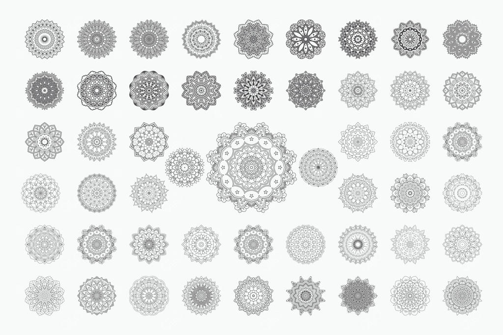 مجموعه ماندالا به سبک هندی برای دکوراسیون یا مهمانی‌ها. مجموعه‌ای از تزئینات ماندالا با اشکال مختلف. طرح‌های خلاقانه ماندالا به سبک سنتی عربی. وکتور هنر خطی ماندالا.