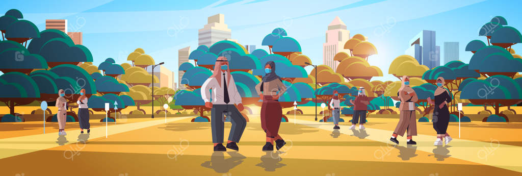 تجار عرب با ماسک‌های محافظ برای جلوگیری از شیوع ویروس کرونا - قرنطینه کووید-۱۹ - مفهوم کسب‌وکار در فضای باز و پس‌زمینه شهرنشینی - تصویر کامل