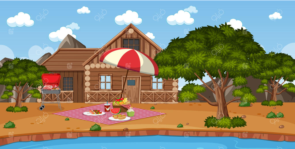 صحنه پیک‌نیک با غذا روی میز و باربیکیو در باغ