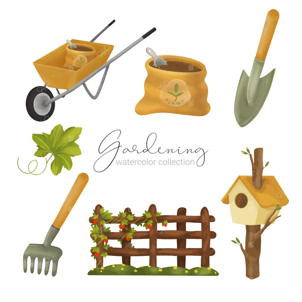 مجموعه آبرنگ زیبا از ابزار باغبانی و لوازم جانبی مانند چرخ‌دستی، کیسه‌های کود، کلنگ، شن‌کش، نرده‌های چوبی، درختان، لانه پرنده، تاک و برگ‌ها