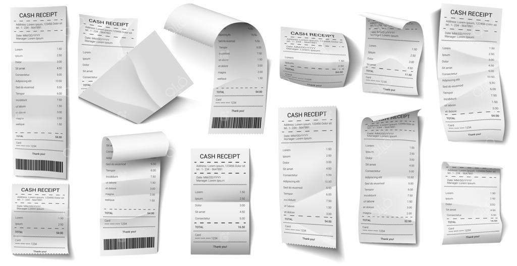 چک کاغذی واقعی: مجموعه آیکون‌های وکتور از رسید خرید و چک‌های مالی 3D و چاپ شده برای پرداخت