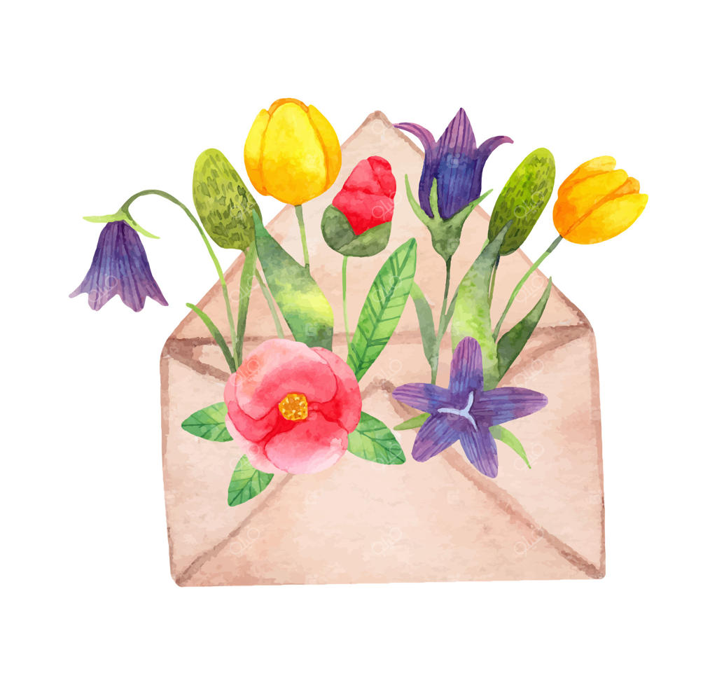 پاکت کاغذی با گل‌های باغ. تصویرسازی ساده با آبرنگ. تزئین فصلی با لاله‌ها، خارها و سنبل‌ها. ترکیب گیاهی بهاری برای عید پاک. هنر دستی و جداگانه