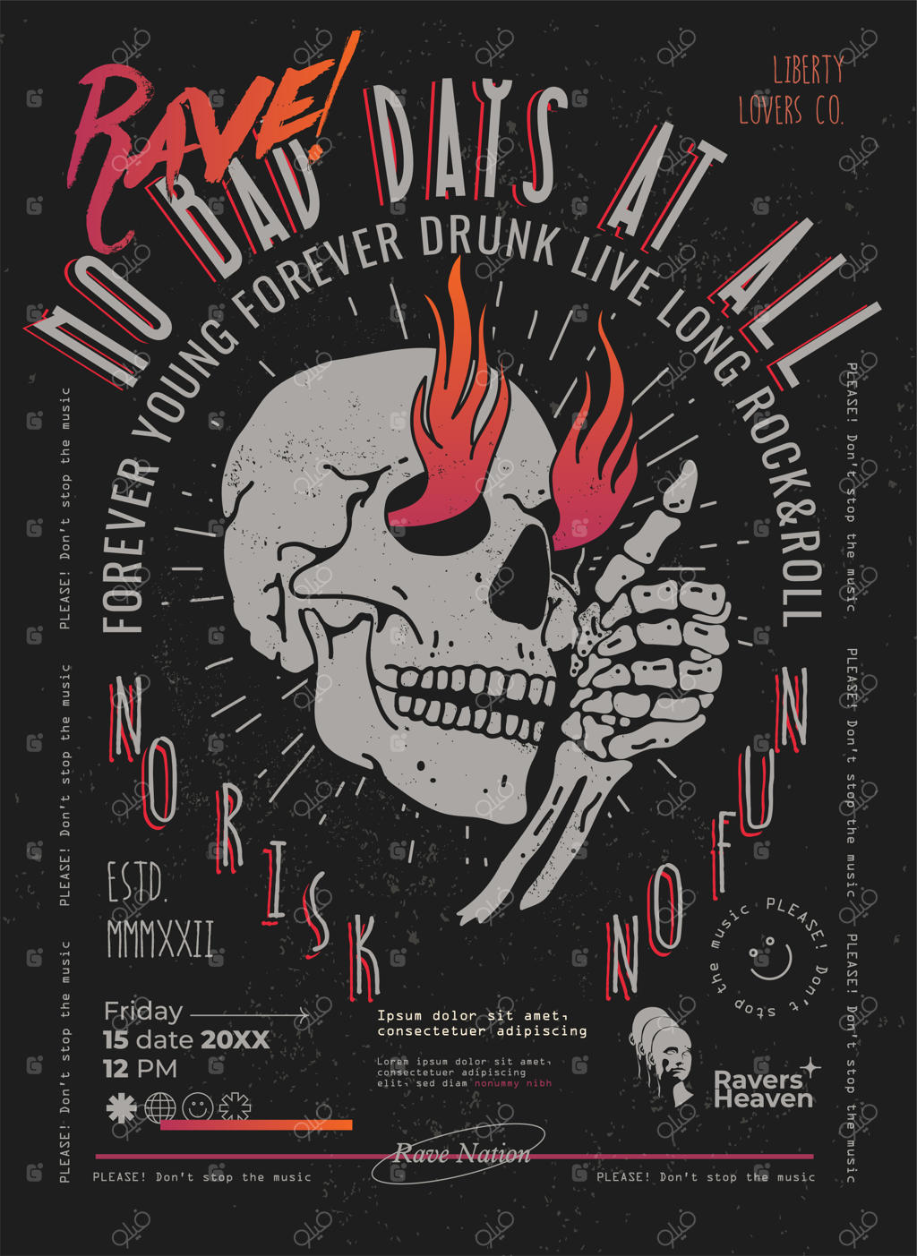 پوستر یا طرح بروشور مهمانی موسیقی پانک با طراحی جمجمه و ترکیب تایپوگرافی
