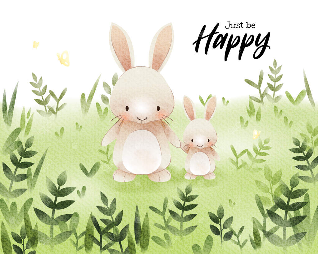 نقاشی آبرنگ از خرگوش بامزه کارتونی در چمنزار