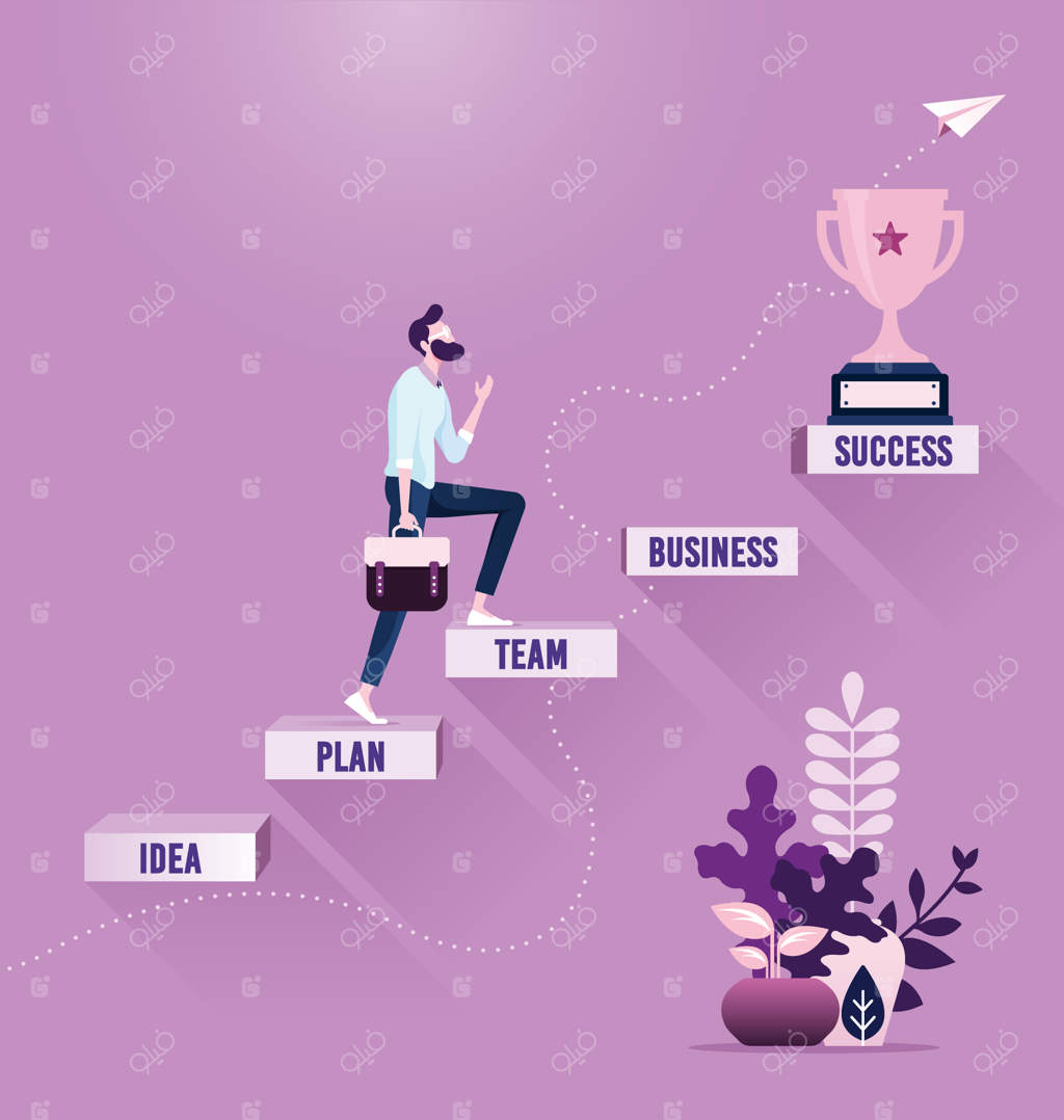 تاجر در حال قدم زدن روی پله‌ها با متن تجارت