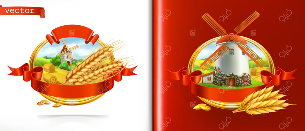 گندم و آسیاب قدیمی - برچسب سه‌بعدی برداری