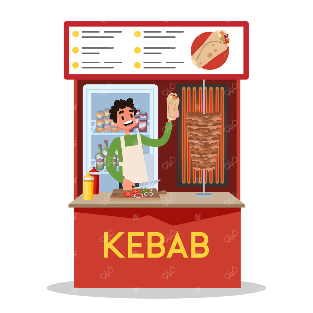 فروش کباب عربی سنتی توسط یک مرد در بازار غذای خیابانی