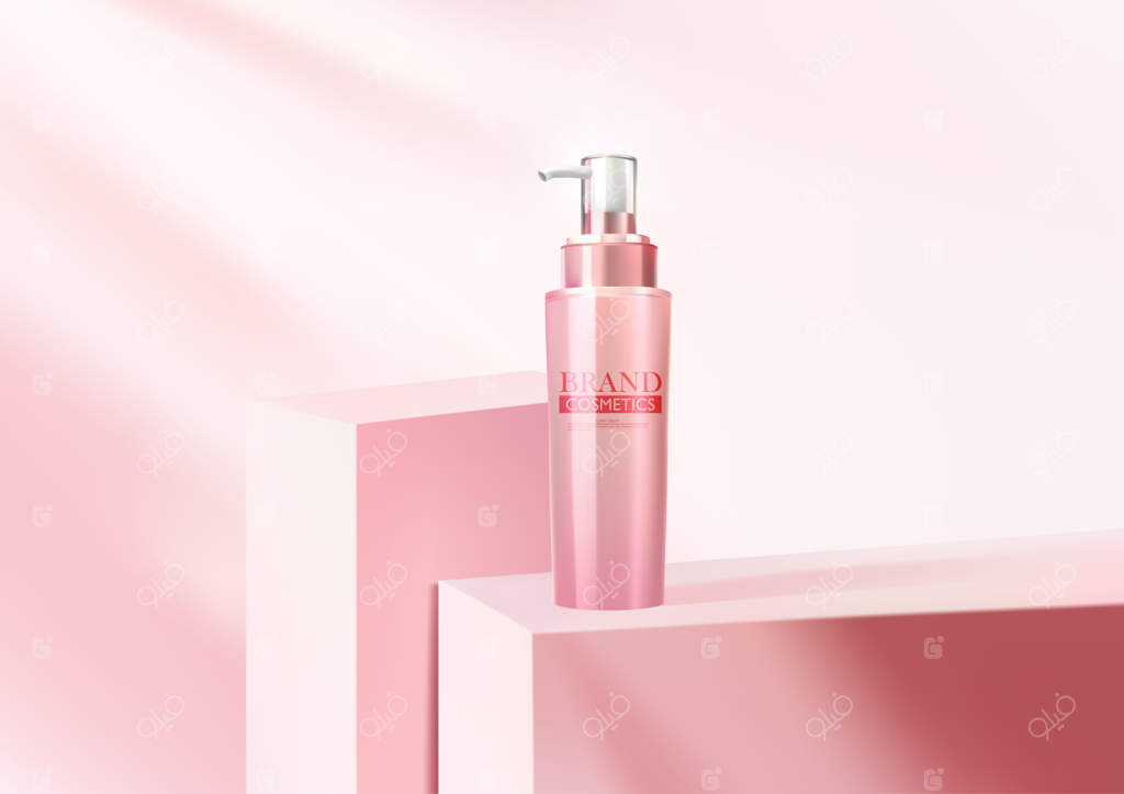تبلیغات محصولات آرایشی بر روی پایه صورتی و قالب بنر با پس‌زمینه صورتی برای زیبایی