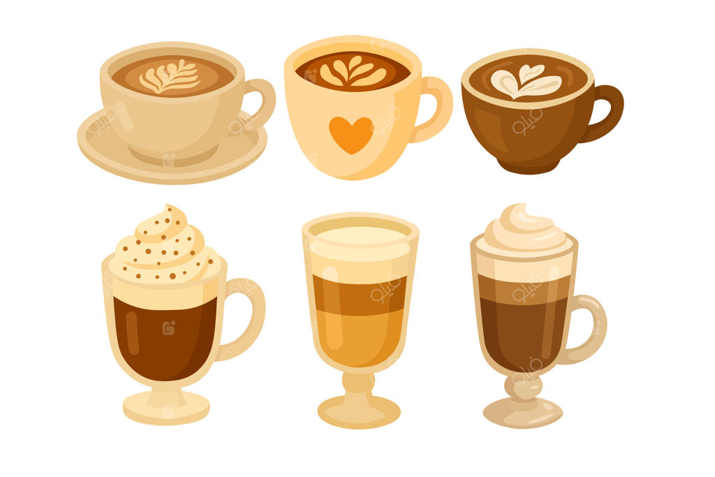 مجموعه‌ای از نوشیدنی‌های قهوه در فنجان‌ها و لیوان‌های زیبا، طرح‌های هنری لاتـه و خامه‌ی زده‌شده، در سبک گرم و دلنشین.