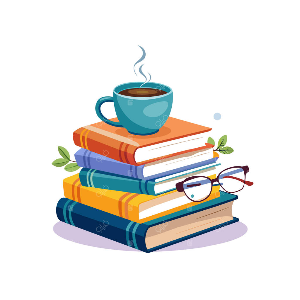 یک دسته کتاب با یک فنجان قهوه روی آن‌ها