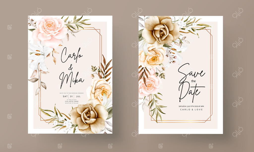 مجموعه کارت دعوت عروسی با طرح گل‌ های دست‌ کشیده زیبا