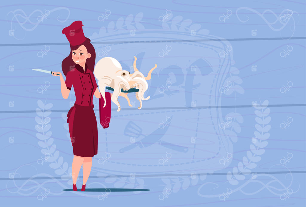 آشپز زن با اختاپوس کارتونی در لباس رستورانی بر روی پس‌زمینه چوبی