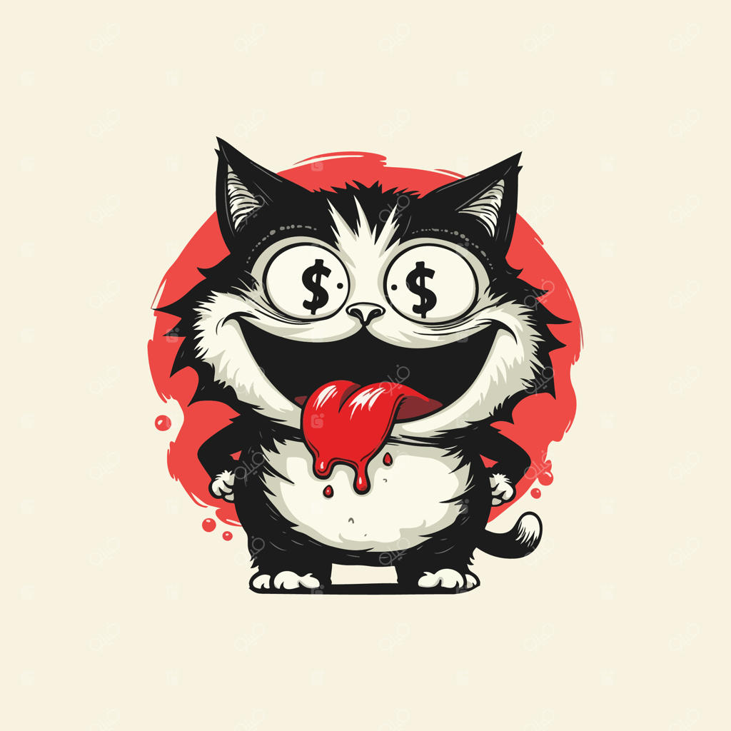 گربه کارتونی بامزه با چشمان وحشی و حالت بازیگوش، تصویرسازی در سبک هنری خیال‌انگیز