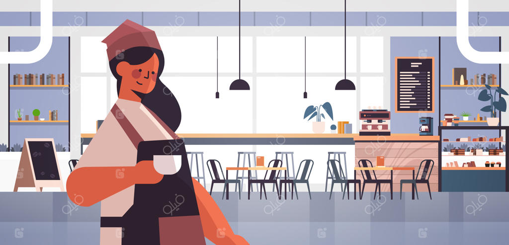 باریستای خانم در یونیفرم در حال کار در کافه: خدمت در کافی‌شاپ مدرن با پیش‌بند و سرو قهوه - تصویر وکتور افقی