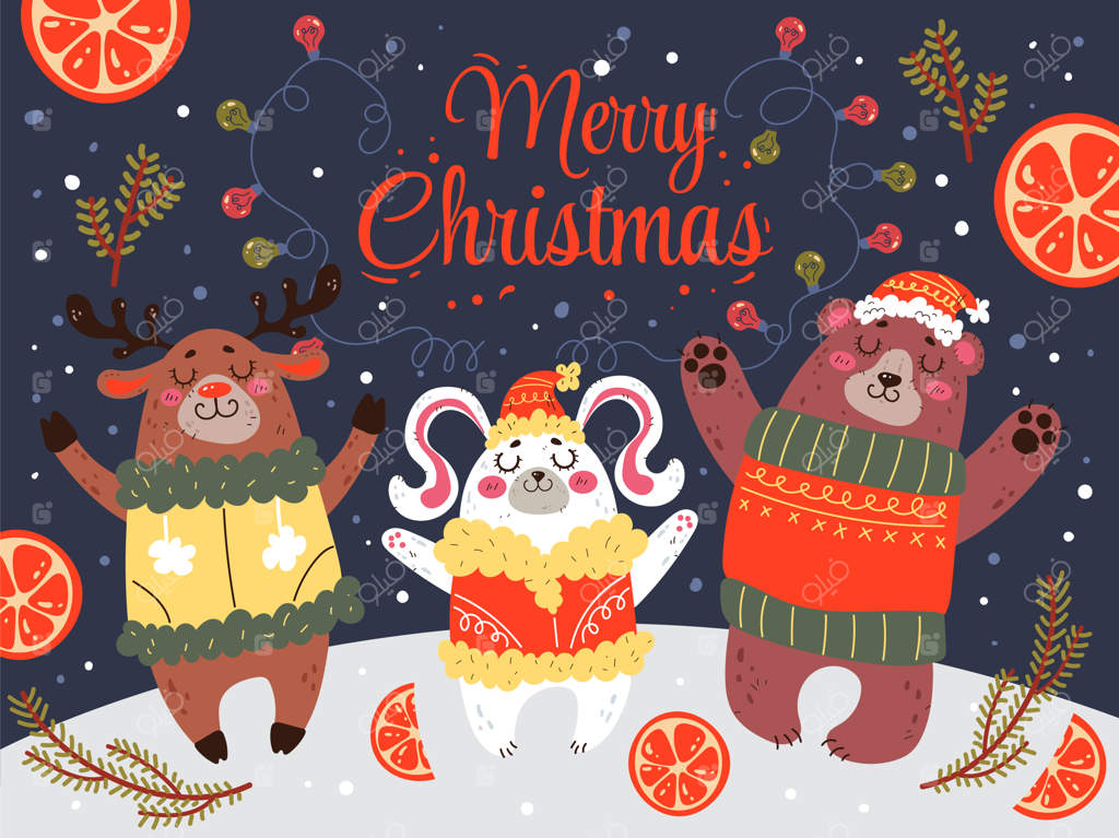پوستر بنر حیوانات کریسمس و تبریک سال نو با طراحی مسطح