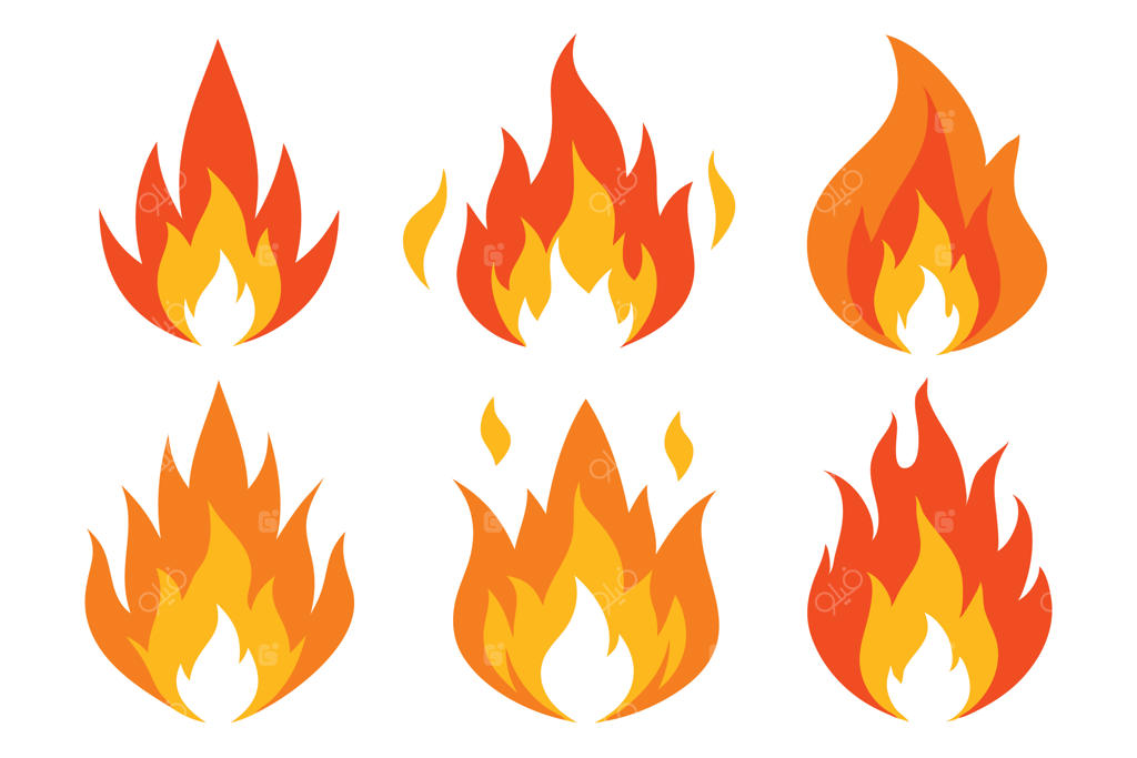 مجموعه وکتور شعله‌های آتش درخشان با پس‌زمینه شفاف، ایده‌آل برای پروژه‌های خلاقانه