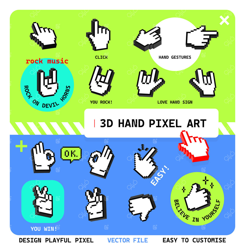 برچسب آیکون هنر پیکسلی دست مشکی سه‌بعدی