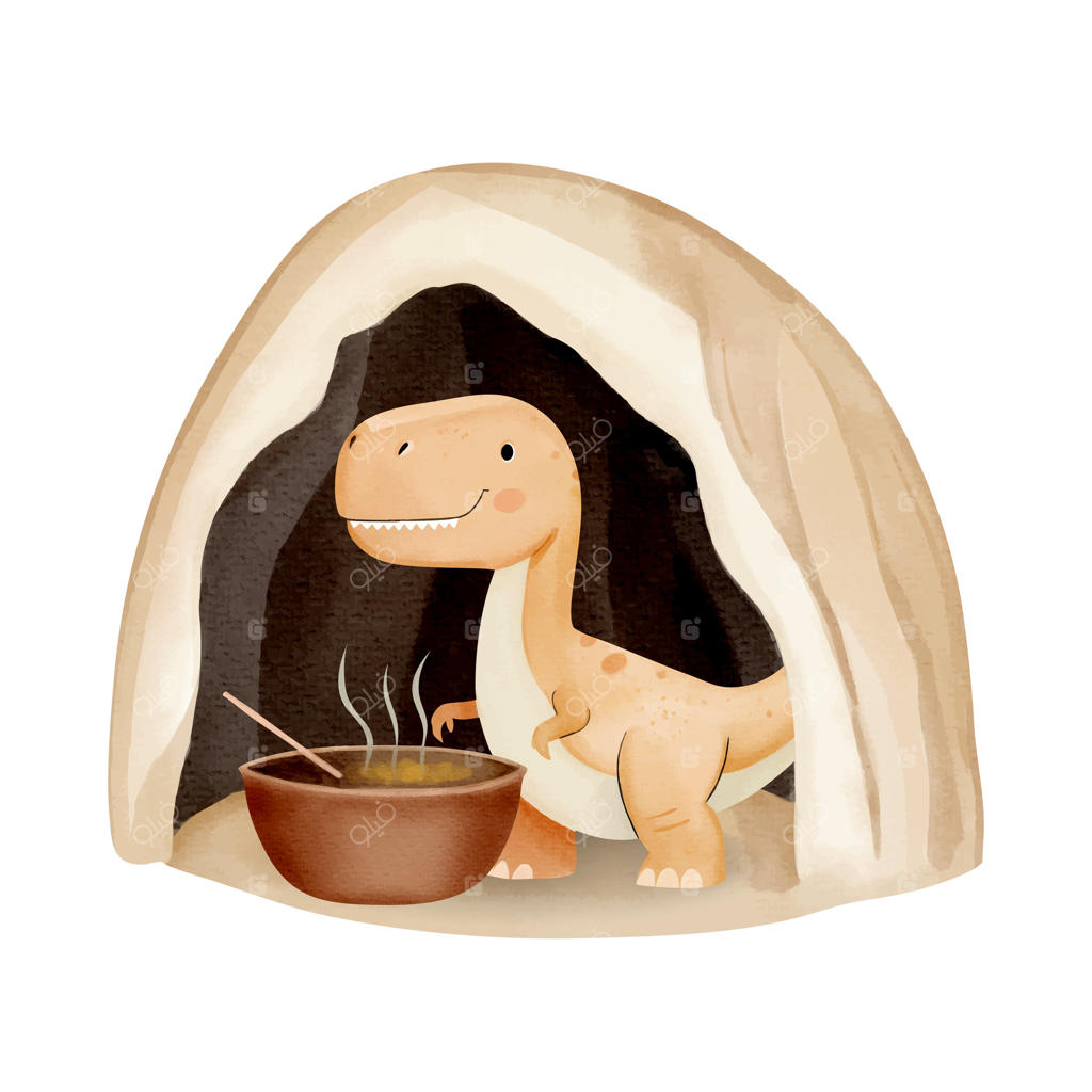 تیرانوسوروس بامزه در حال آشپزی در غار. دایناسور کوچک آبرنگی به سبک ماقبل تاریخ برای پوسترها و کارت‌های کودکان غذا آماده می‌کند