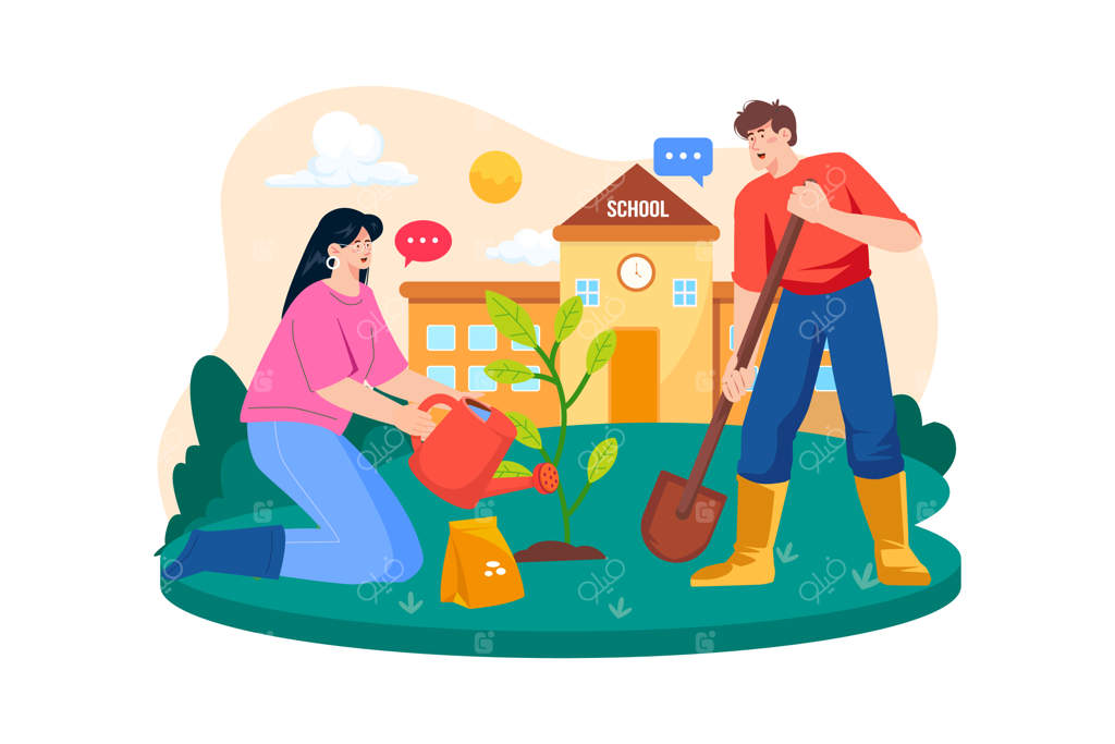 یک زوج در حیاط مدرسه درخت می‌کارند و از آنها مراقبت می‌کنند.