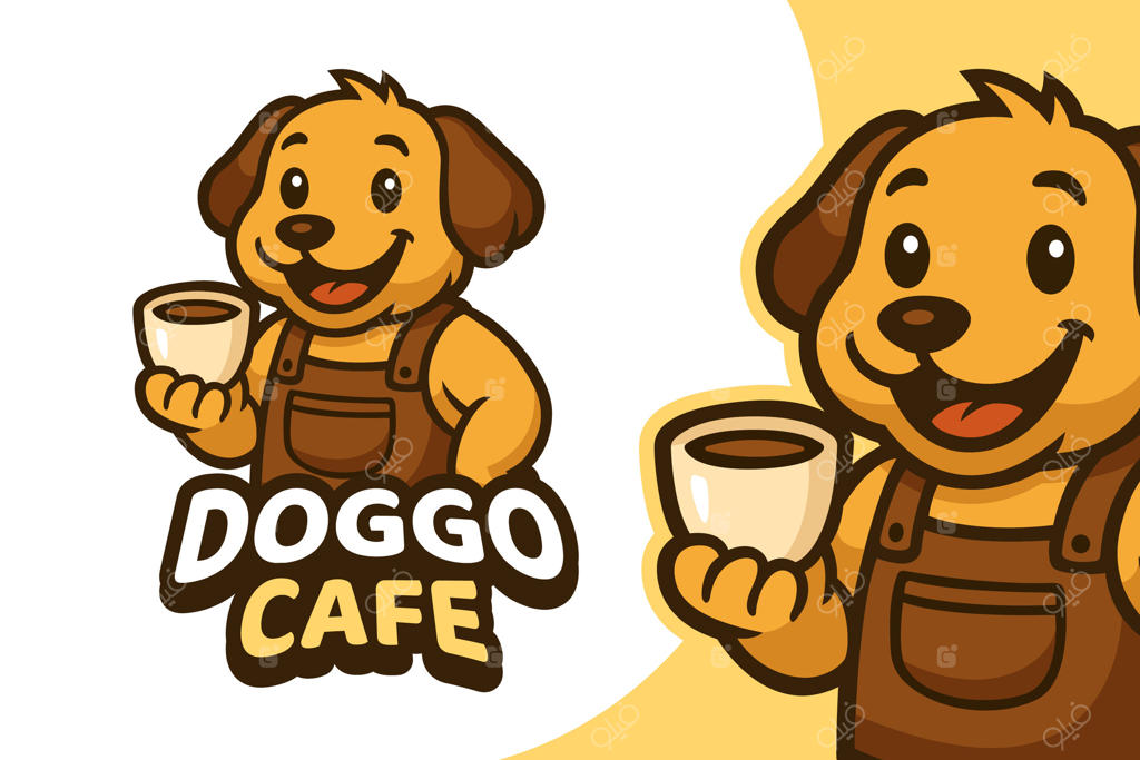لوگوی شاد سگ با فنجان قهوه برای کافی‌شاپ و کافه. طراحی شخصیت کارتونی