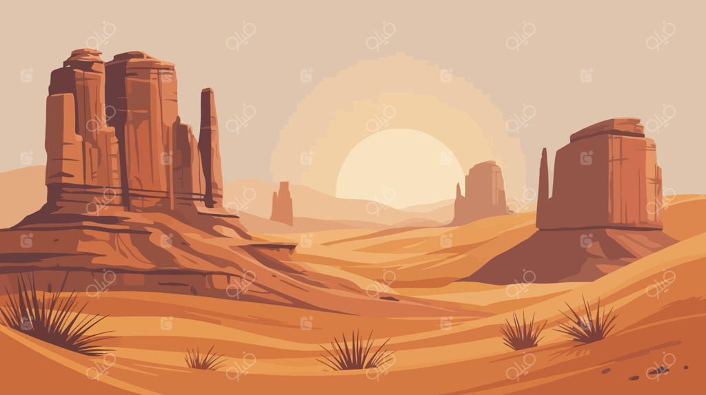 چشم‌انداز بیابانی با صخره‌های سنگی و خورشید