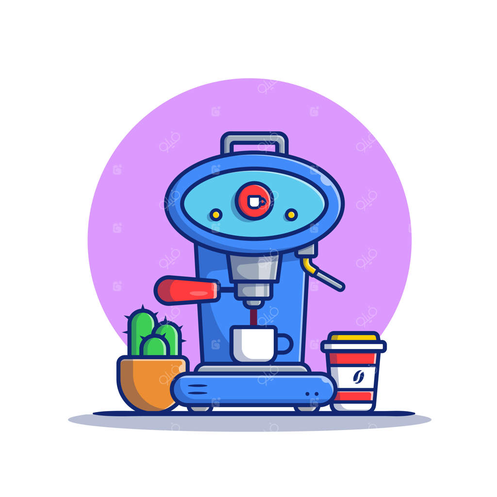 نماد کارتونی دستگاه قهوه‌ساز، ماگ، فنجان و کاکتوس. طراحی آیکون قهوه‌ساز به سبک کارتونی و جذاب.