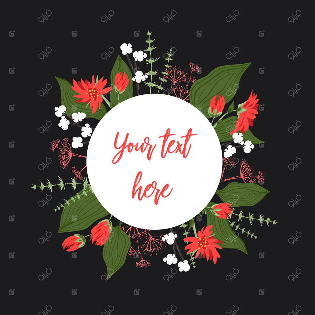 قالب دایره‌ای برای تزئین متن با گل‌ها، توت‌ها، برگ‌ها و گیاهان دیگر؛ قاب درخشان برای کارت هدیه و تبریکات دیگر در روزهای تعطیل، روی پس‌زمینه سیاه.