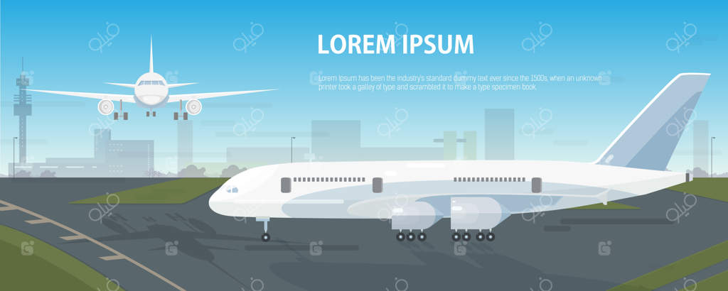بنر افقی رنگارنگ با هواپیماهای پارک شده در باند فرودگاه و پرواز در آسمان
