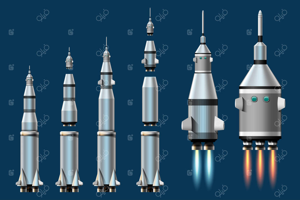مجموعه ای جداگانه از طرح کارتونی پرتاب موشک. موشک‌های مأموریت فضایی با دود. تصویرسازی به سبک تخت