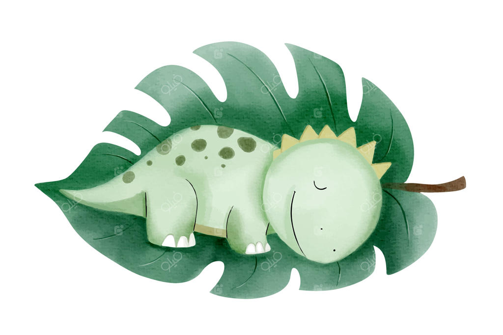 دایناسور بامزه‌ای که روی برگ خوابیده است. طراحی کودکانه‌ی دایناسور کوچک آبرنگی که بر روی گیاه سبز استراحت می‌کند.