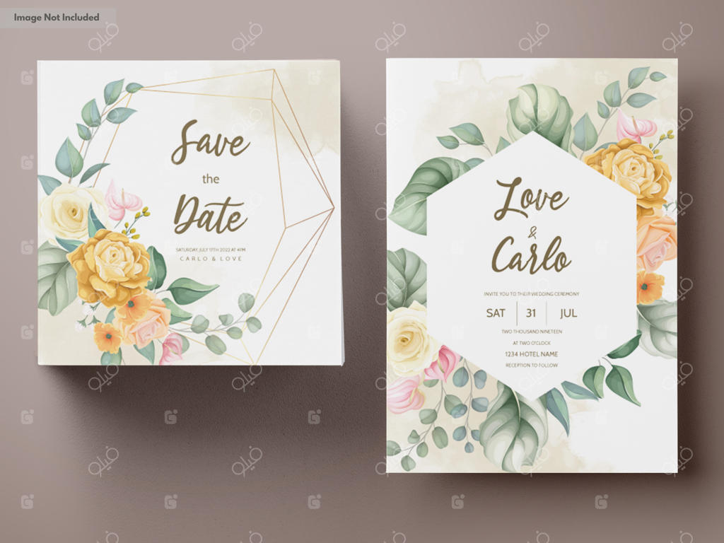 قالب کارت دعوت عروسی با طرح گل‌های دست‌ساز زیبا