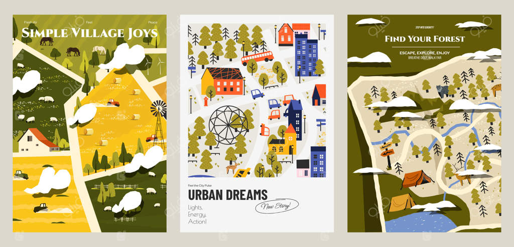 پوسترهای مناظر طبیعی و باغ. مناظر انتزاعی تابستان و بهار با گل‌ها، درختان و چمنزارها، پس‌زمینه مینیمالیستی زیبا. مجموعه