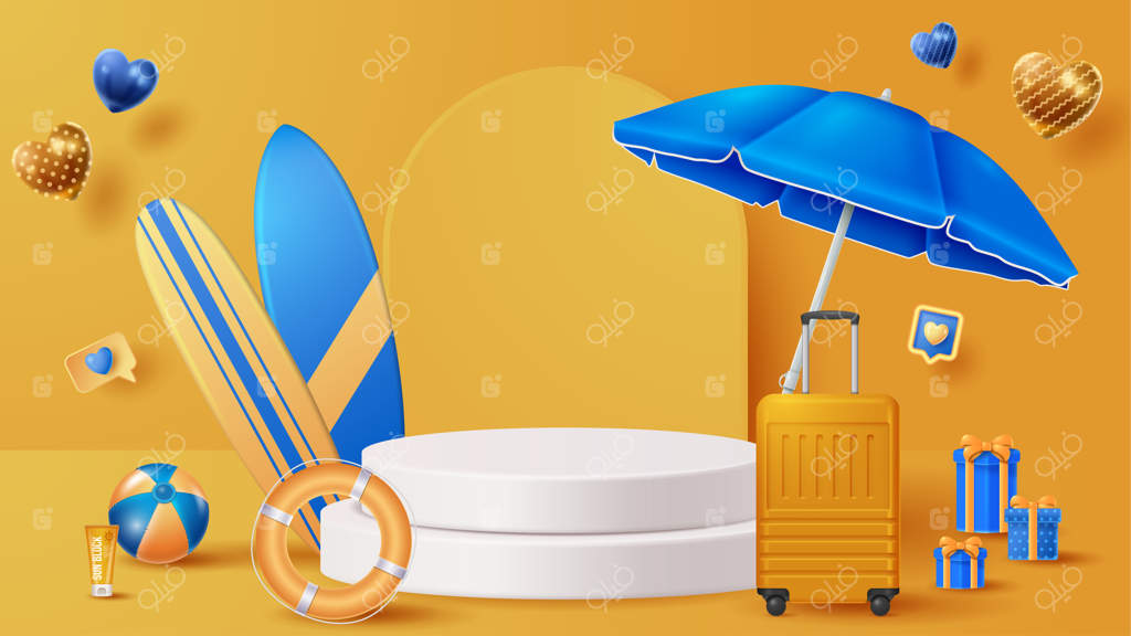 پس‌زمینه تزیین سکوی نمایش تابستانی با تزئینات ساحلی - تصویر سه‌بعدی وکتور