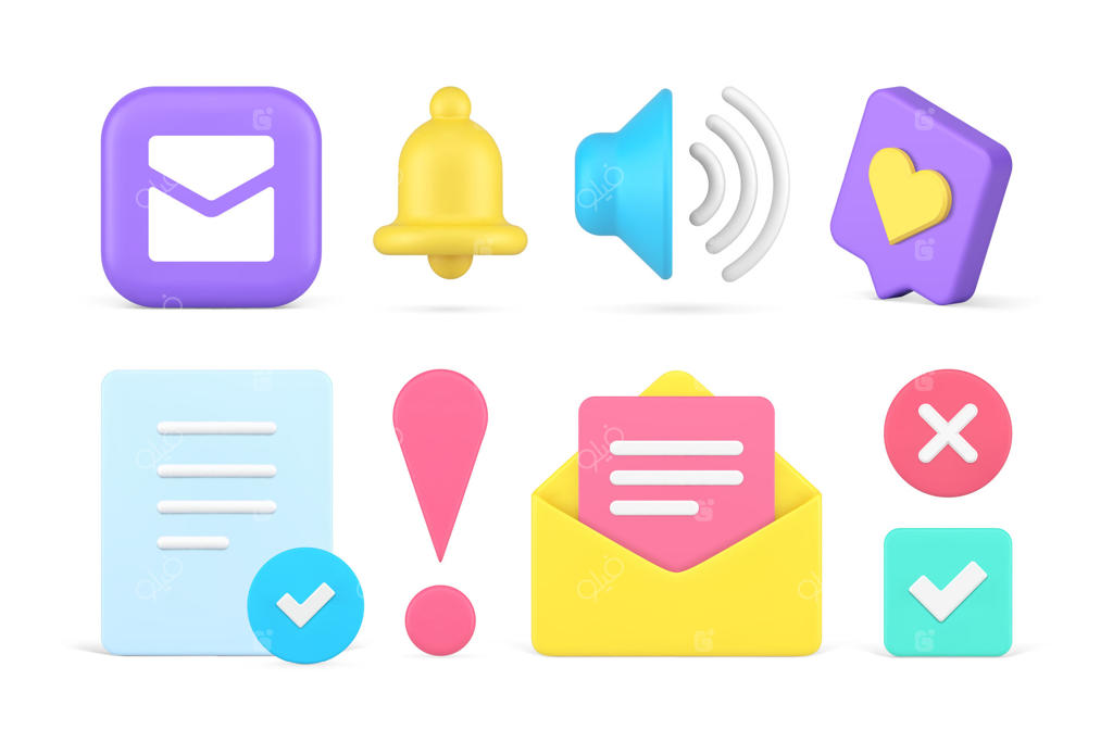 آیکن‌های سه‌بعدی و واقعی: ارتباط آنلاین و اعلان‌های فضای سایبری و اپلیکیشن اینترنتی