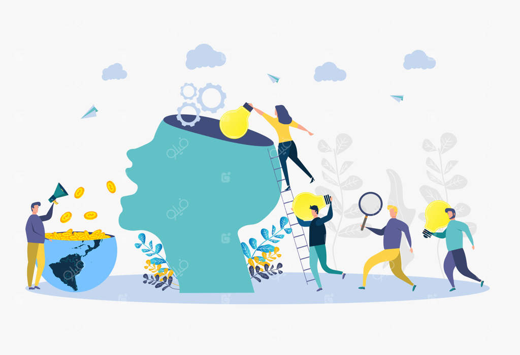 جستجوی ایده خلاقانه: تمثیلی از یک کسب و کار موفق دراری مردم پول‌سازی می‌کنند با افکار خلاقانه تصویر برداری وکتور رنگارنگ