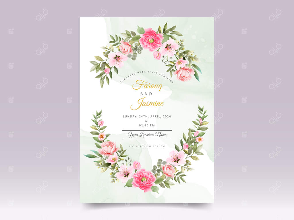 قالب کارت دعوت عروسی با گل‌های صورتی و سبز ملایم