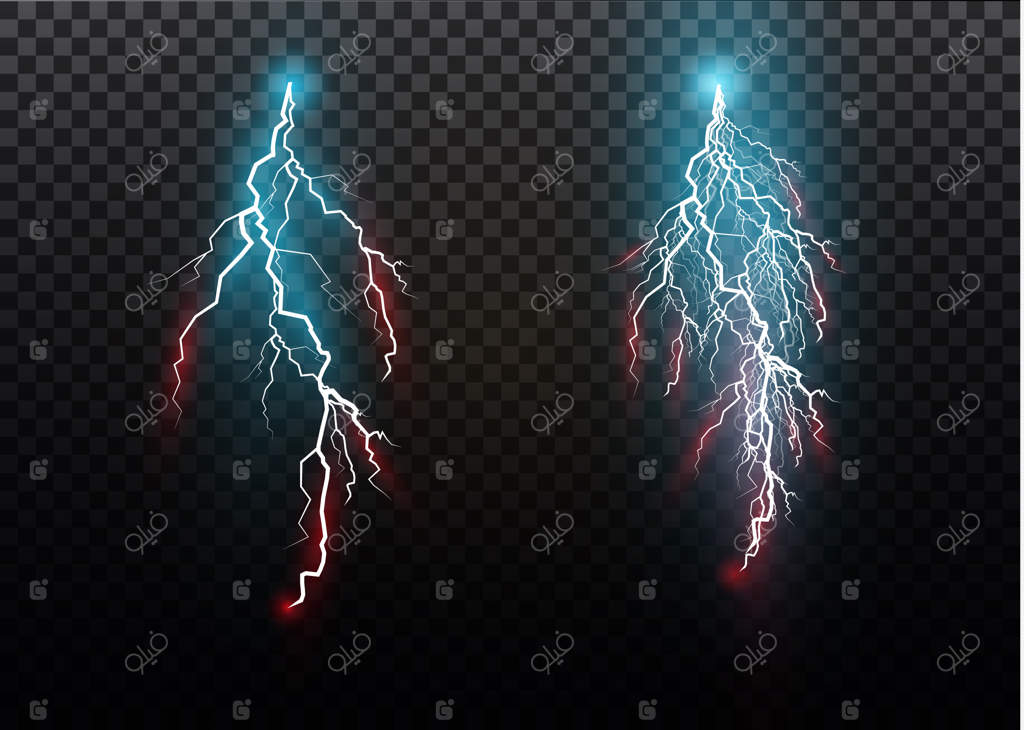 مجموعه‌ای از جادوی رعد و برق و افکت‌های نور درخشان. طرح‌سازی. تخلیه جریان الکتریکی. جریان شارژ. پدیده‌های طبیعی. تصویرسازی تأثیر انرژی. نور درخشان و جرقه‌ها.