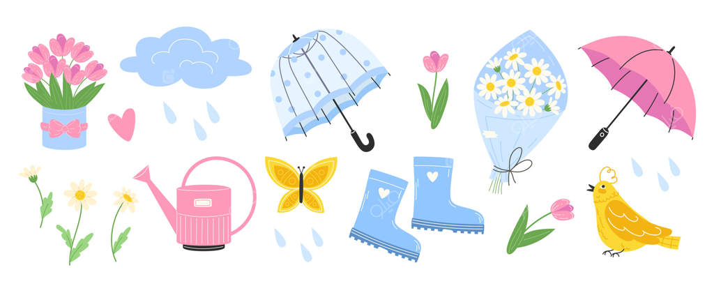 کلکسیون بهاری عناصر شاداب با گل‌ها، چتر شفاف، پرندگان و هوای بارانی. لوازم باغ بامزه برای بهار و تابستان
