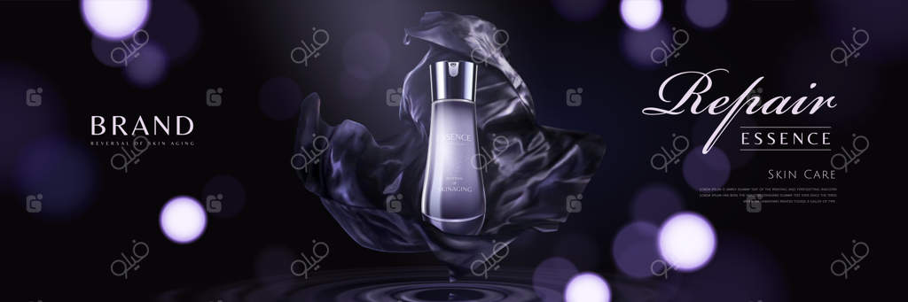بنر محصولات مراقبت از پوست با عناصر پارچه بنفش روی سطح براق در سبک سه‌بعدی