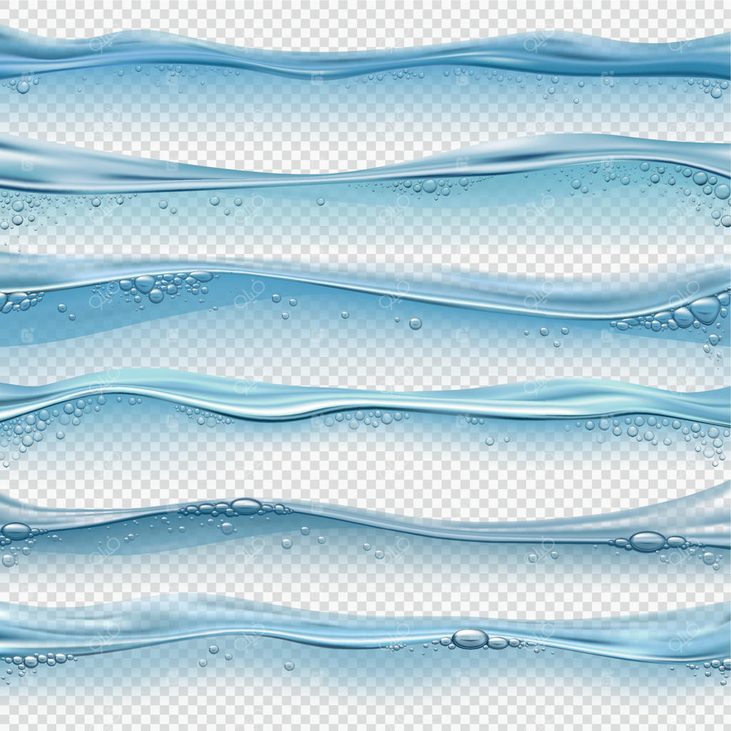امواج واقعی آب: سطح مایع دریا، اقیانوس یا استخر با حباب‌ها و پاشش‌ها. مجموعه وکتور خطوط آب و اثر شفاف زیر آب