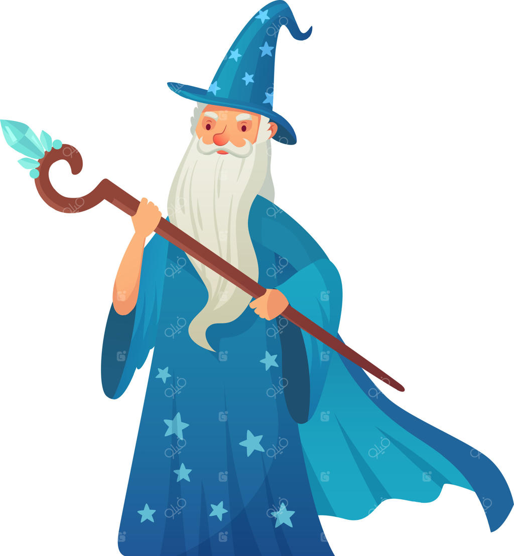 تصویرسازی فانتزی و خیال‌انگیز جادوگر کارتونی با ردا و کلاه آبی درخشان و عصای جادویی کریستالی در حال اجرای طلسم قدرتمند