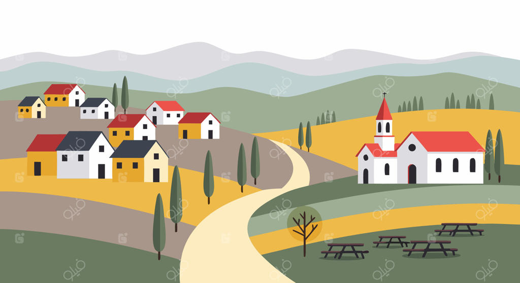 تصویرسازی مینیمال و چشم‌نواز روستایی با خانه‌های رنگارنگ، کلیسا و جاده‌های پرپیچ‌وخم در میان تپه‌ها؛ منظره‌ای آرام از حومه اروپا