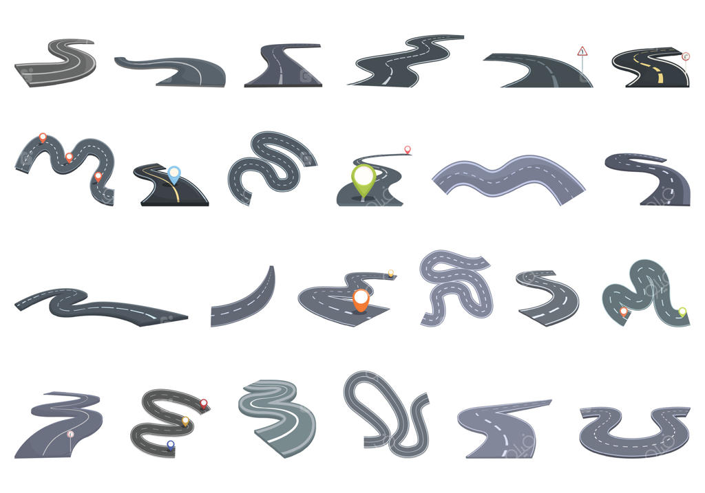 مجموعه آیکون‌های جاده پیچ‌دار - طراحی کارتونی. وسیله نقلیه در حال عبور از پیچ جاده