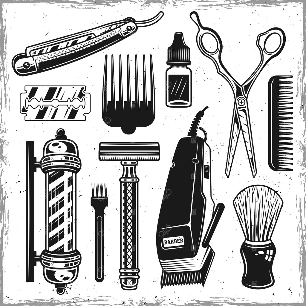 مجموعه ابزار و لوازم آرایشگری و آرایشگاه به رنگ مشکی و عناصر طراحی
